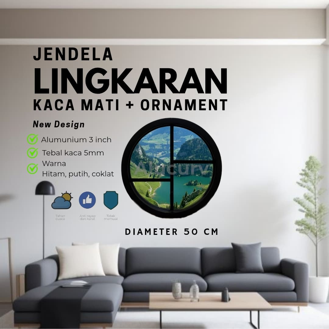 JENDELA LINGKARAN 3" ALUMINIUM LENGKUNG KACA MATI D. 50 CM + ORNAMENT 2 NEW DESIGN