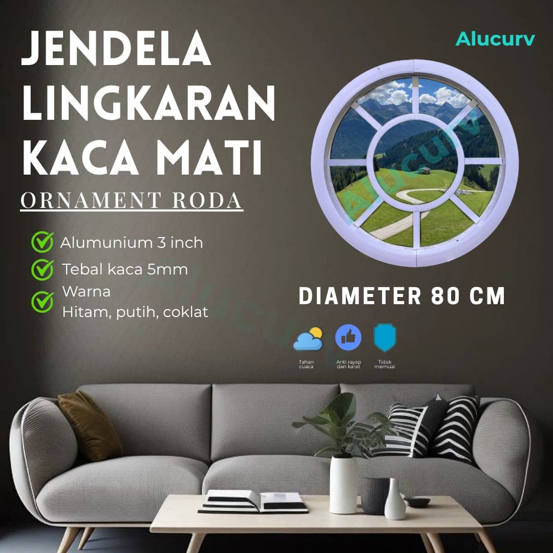 JENDELA LINGKARAN 3" ALUMINIUM LENGKUNG KACA MATI D. 80 CM + ORNAMENT RODA - foto 1