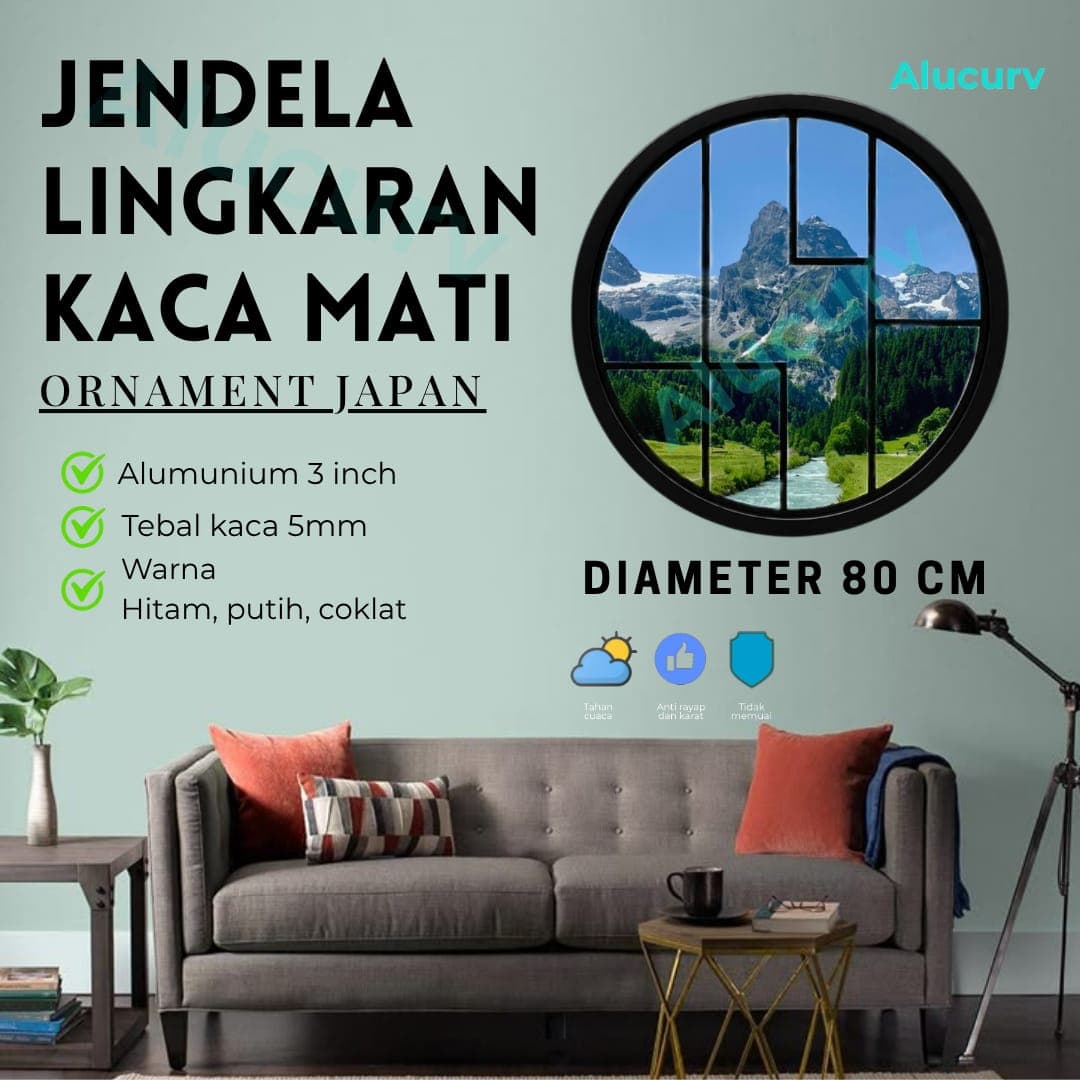JENDELA LINGKARAN 3" ALUMINIUM LENGKUNG KACA MATI D. 80 CM + ORNAMENT JAPAN - foto 1