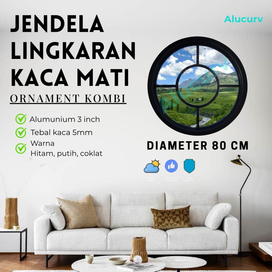 JENDELA LINGKARAN 3" ALUMINIUM LENGKUNG KACA MATI D. 80 CM + ORNAMENT KOMBI - foto 1