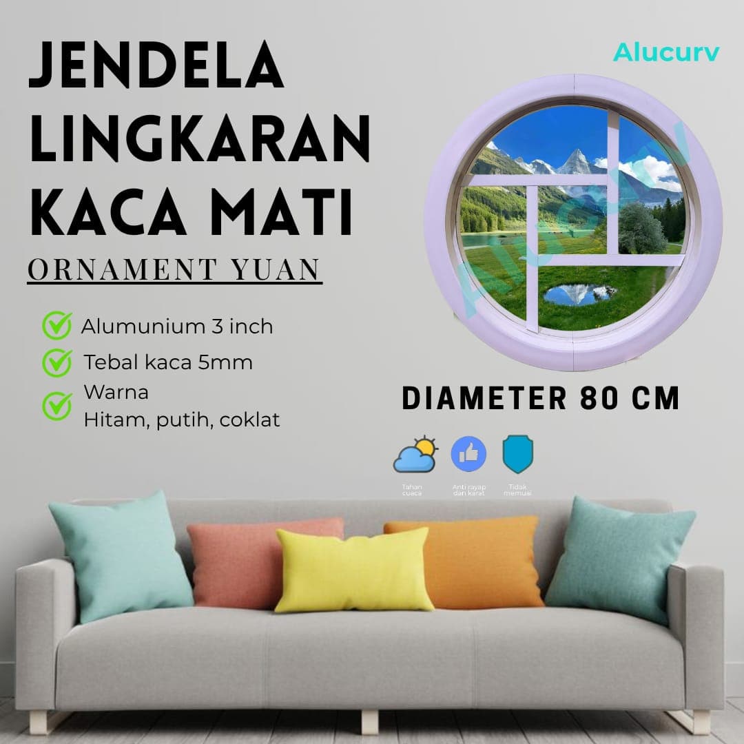 JENDELA LINGKARAN 3" ALUMINIUM LENGKUNG KACA MATI D. 80 CM + ORNAMENT YUAN - foto 1